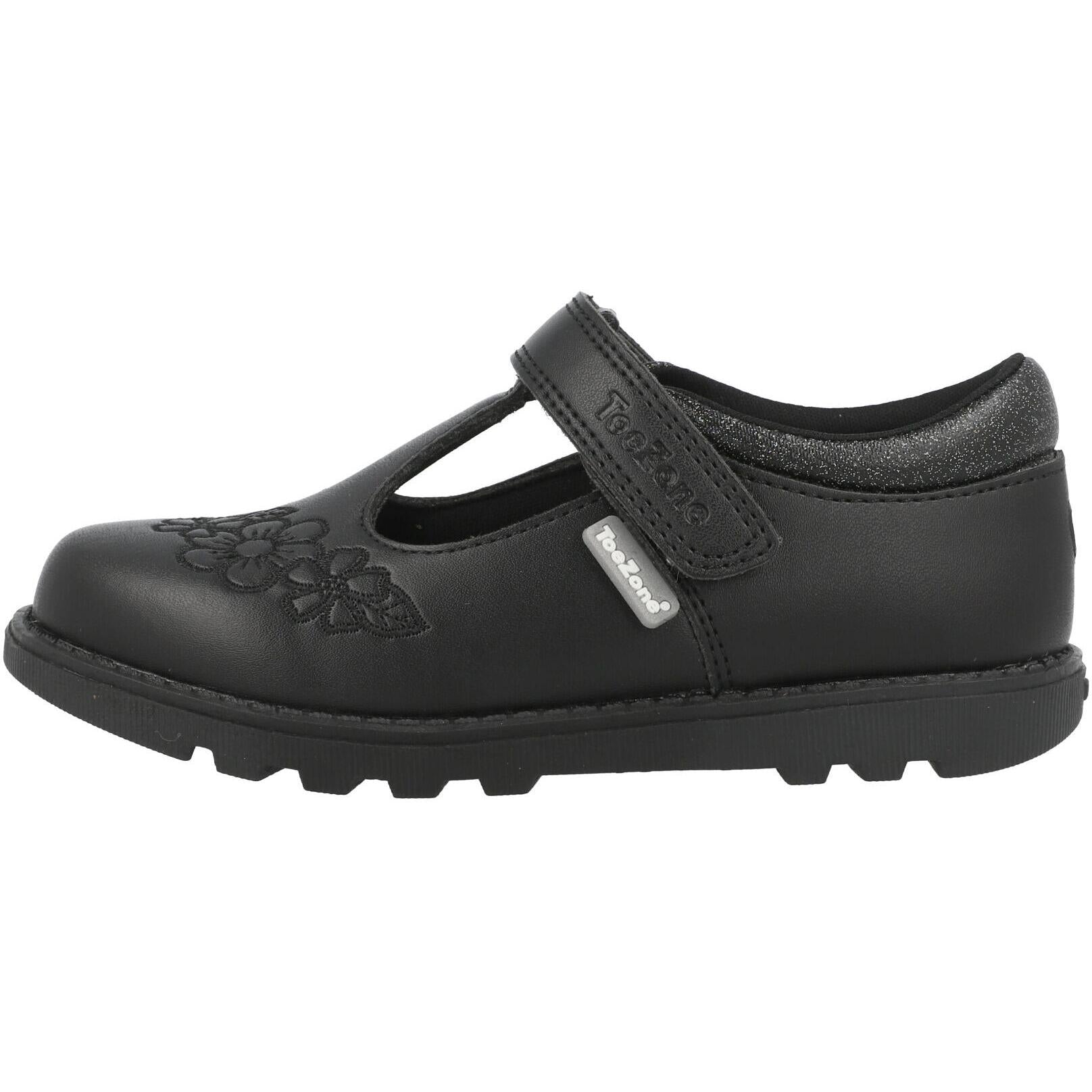 ToeZone Kat Vegan Flower Rip Tape School Shoes Black