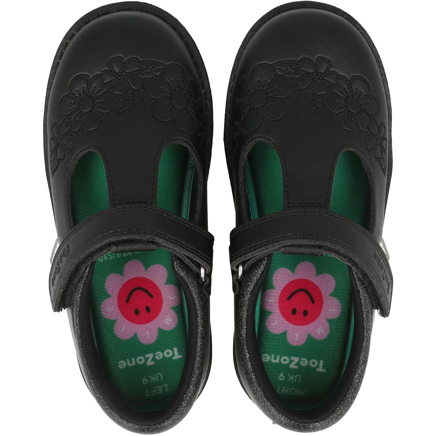 ToeZone Kat Vegan Flower Rip Tape School Shoes Black