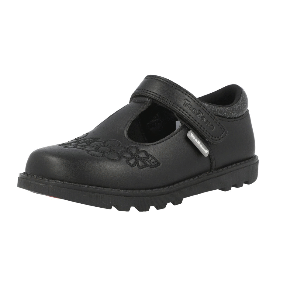 ToeZone Kat Vegan Flower Rip Tape School Shoes Black